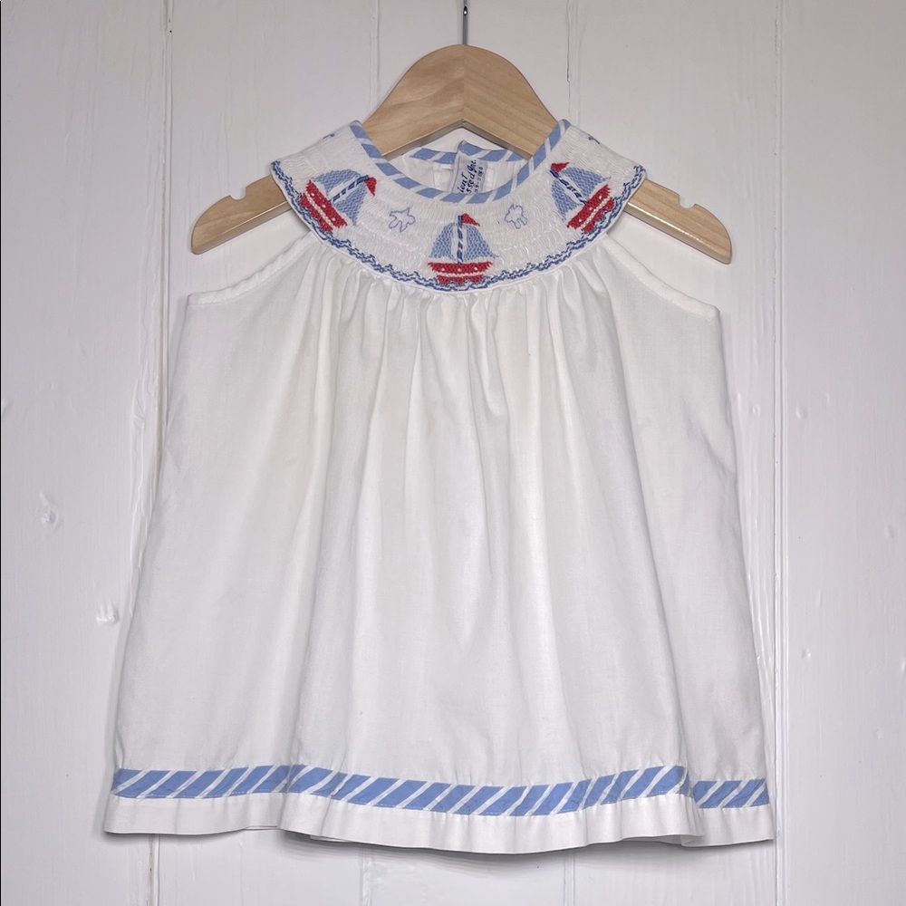 ORIENT EXPRESSED EUC Smocked Nautical Sailboat Tunic Blouse